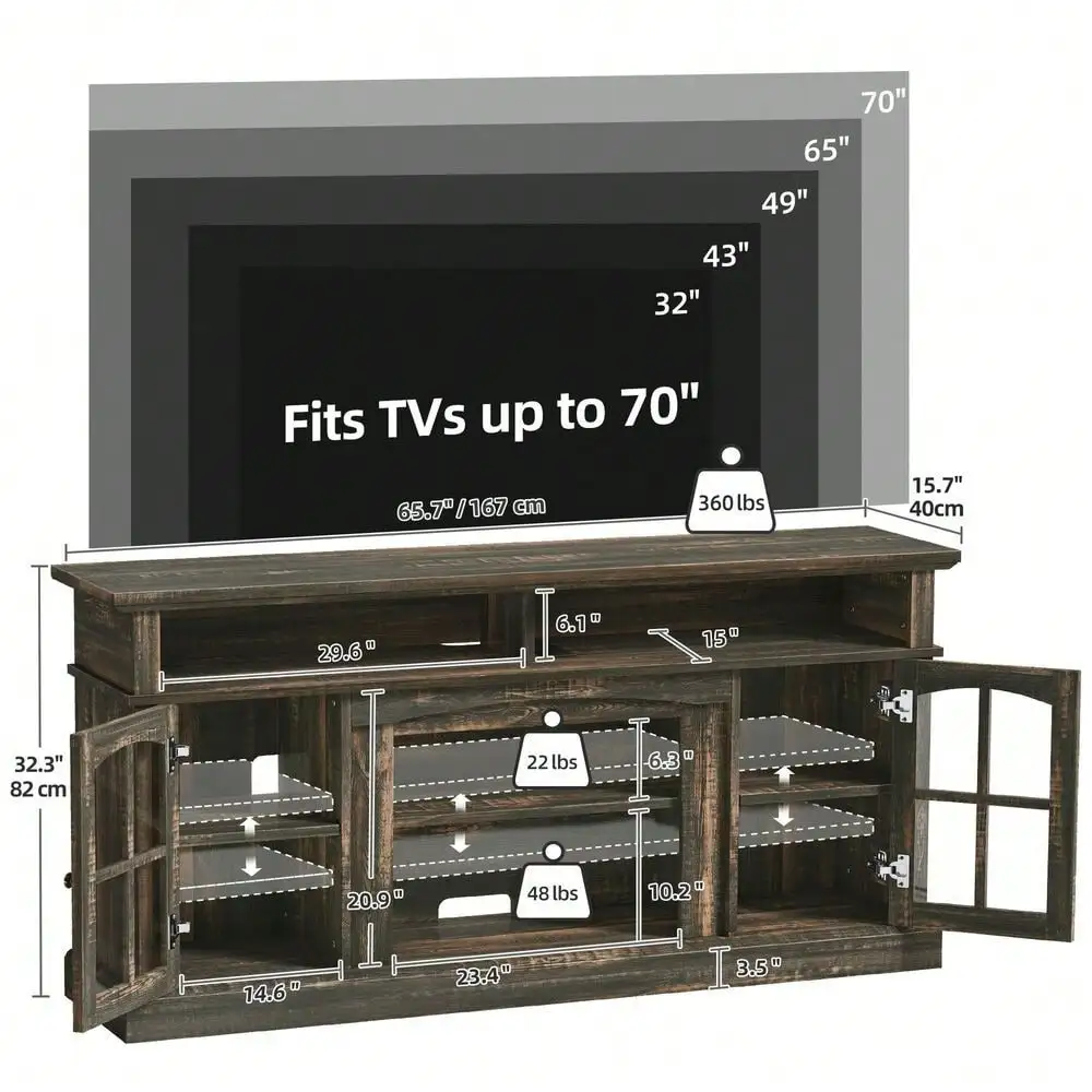 Suporte de TV com luzes LED e tomadas de energia para centro de entretenimento de 70/65/60 polegadas