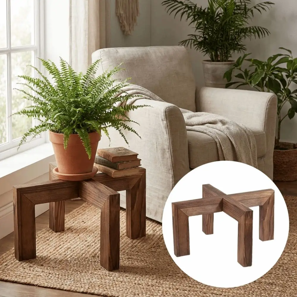 Cross Frame Wooden Plant Stand Pine Wood Brown Wood Grain Tabletop Plant Shelf Easy Assembly Stable Structure Indoor Pot Holder