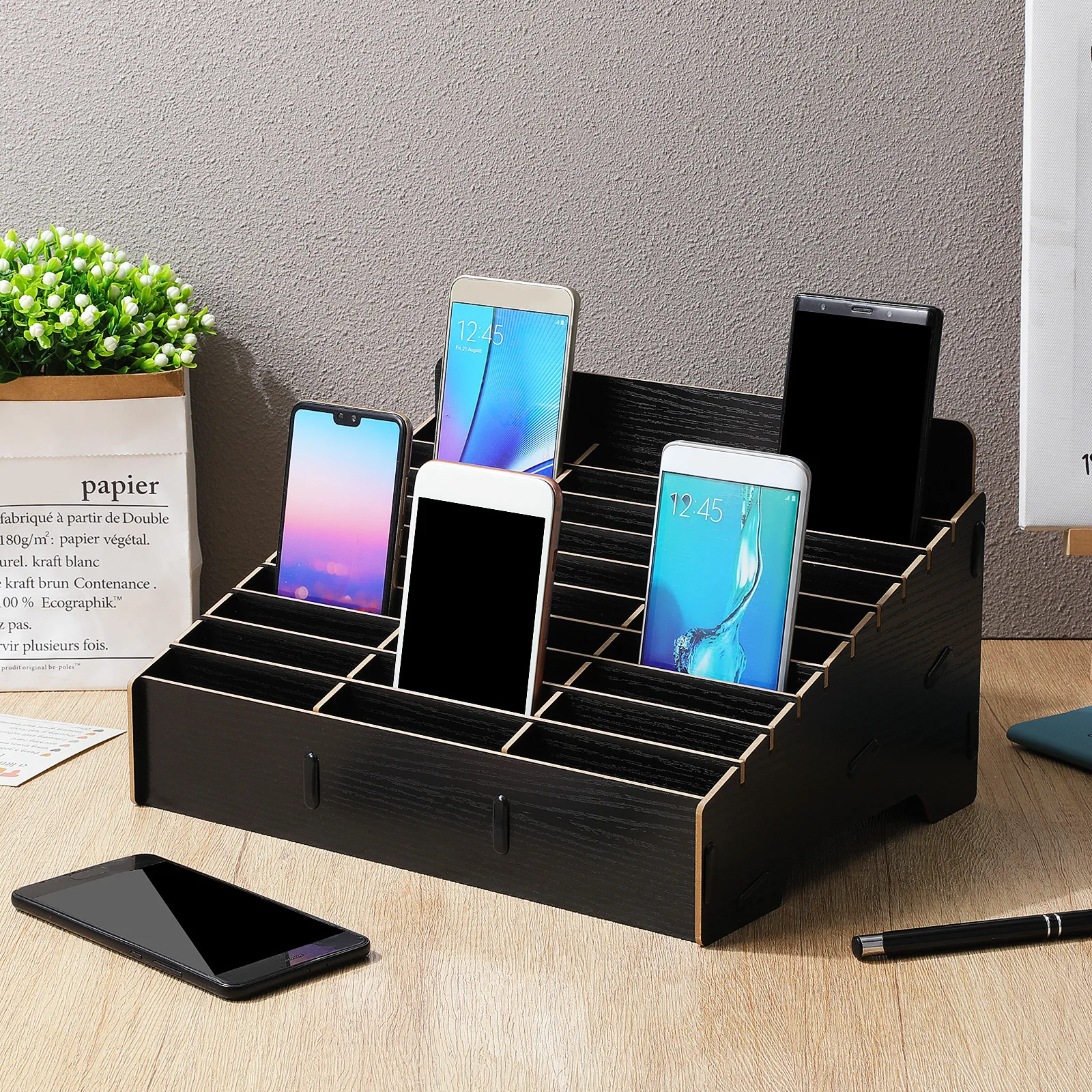 

Multi-Grid Phone Storage Box Black Wooden Cell Phone Rack For Office Classroom Repair Shop Organizer Display Holder Home Supply