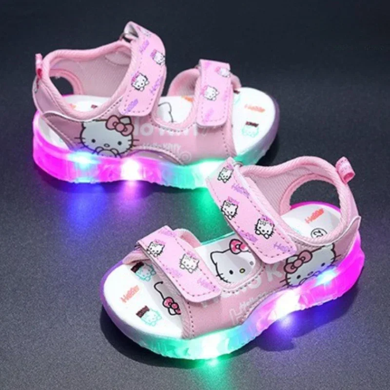 

2025Summer New Baby Led Light Girls Sandals Cute Hello Kitty Children's Casual Shoes Anti-slip Kids Beach Shoes Outdoor Shoes