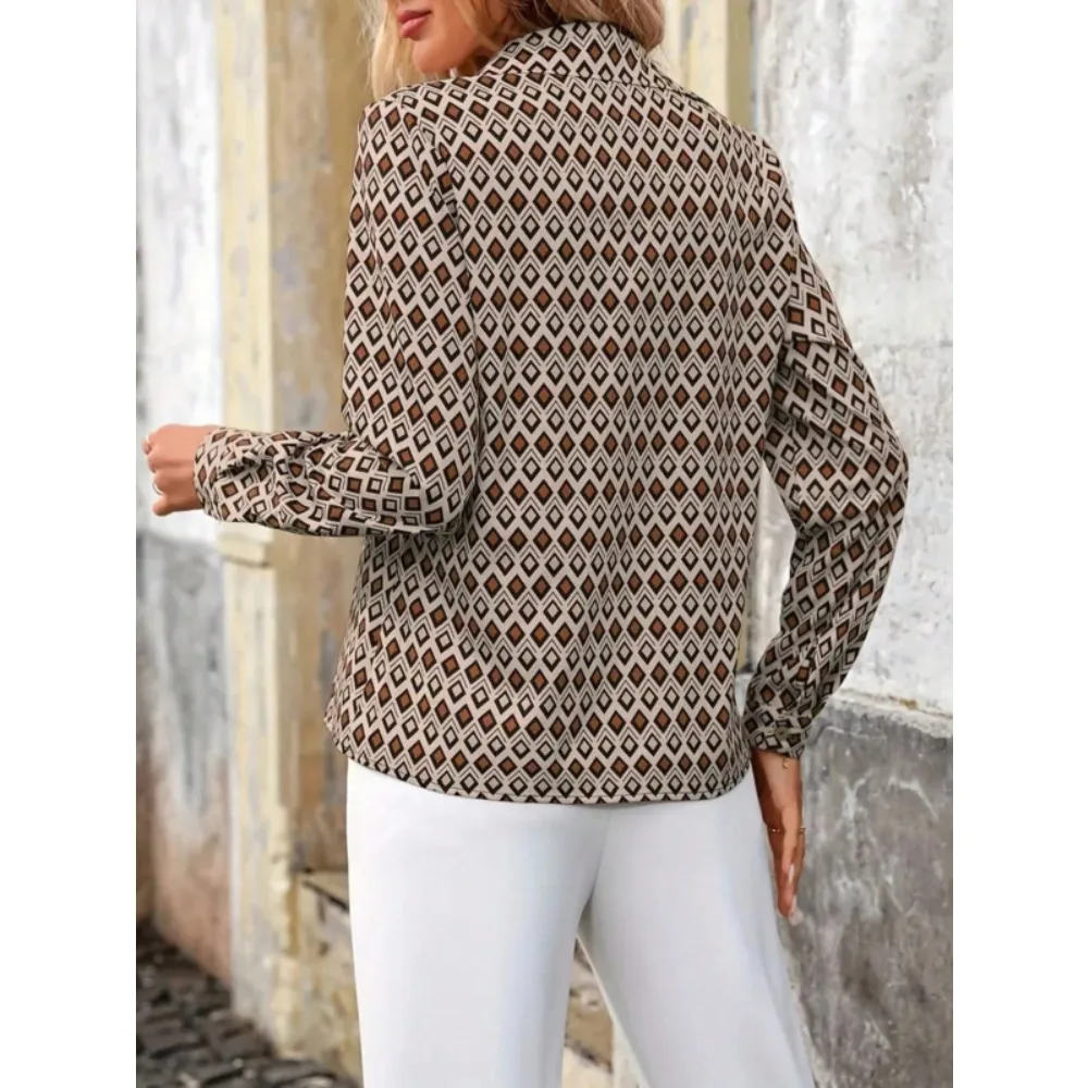 حجم كبير 1XL-5XL المرأة موضة هندسية مطبوعة زر حتى بلوزة قميص السيدات عادية كم طويل التلبيب قميص طوال الموسم #6