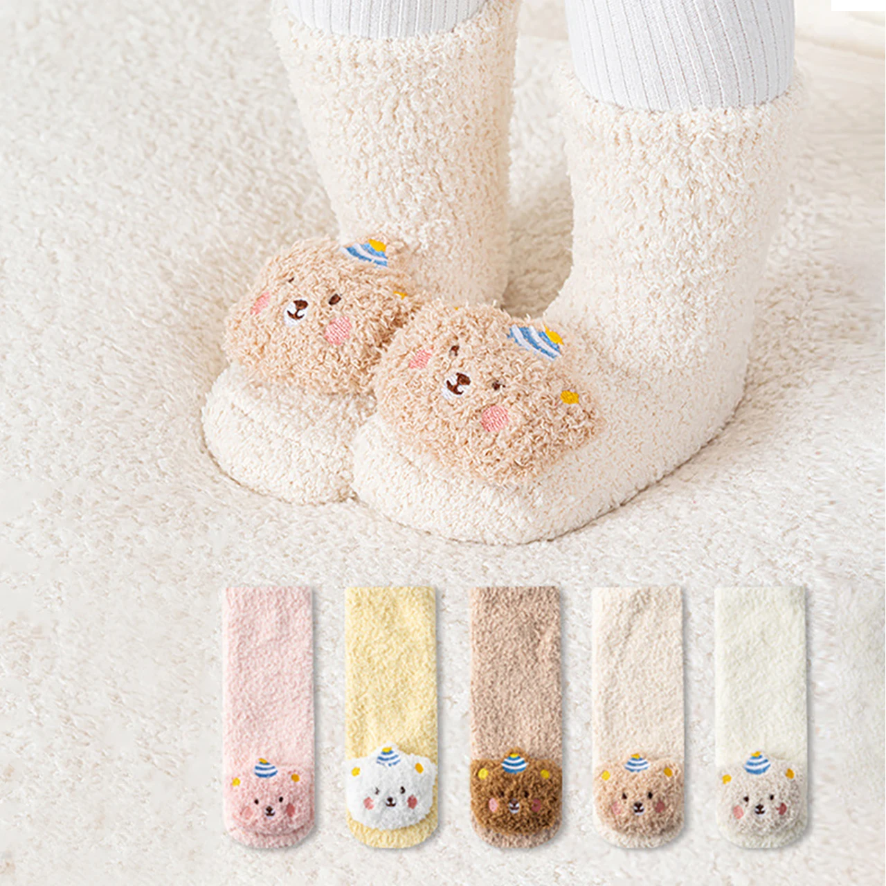 

﻿ Winter Baby Plush Socks Thick Fleece Looped Floor Sock Cute Bear Doll Newborn Warm Sock Indoor Children Thermal Footwear 0-3Y