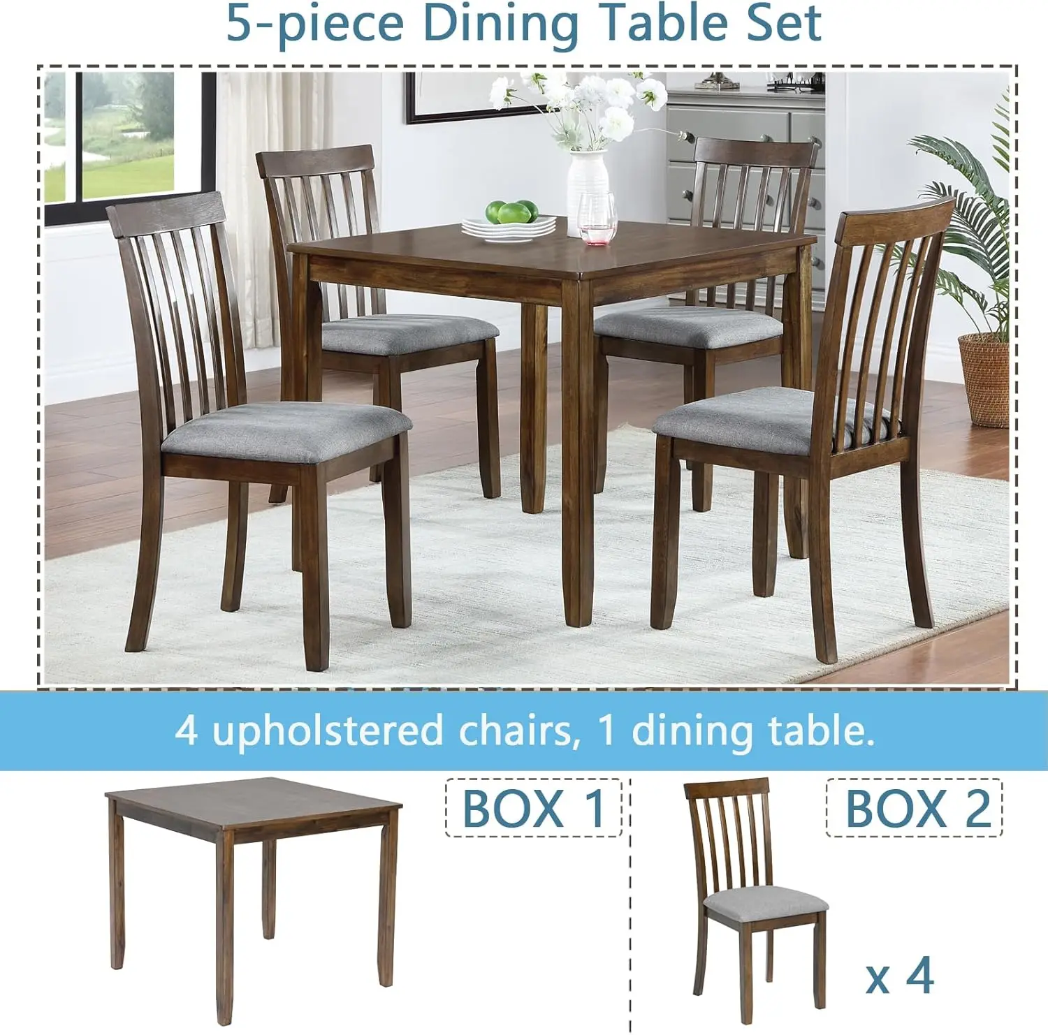 LUMISOL 5 Piece Dining Table Set, Farmhouse Counter Height Kitchen Table Set with a Square Table and 4 Upholstered Dining Chairs