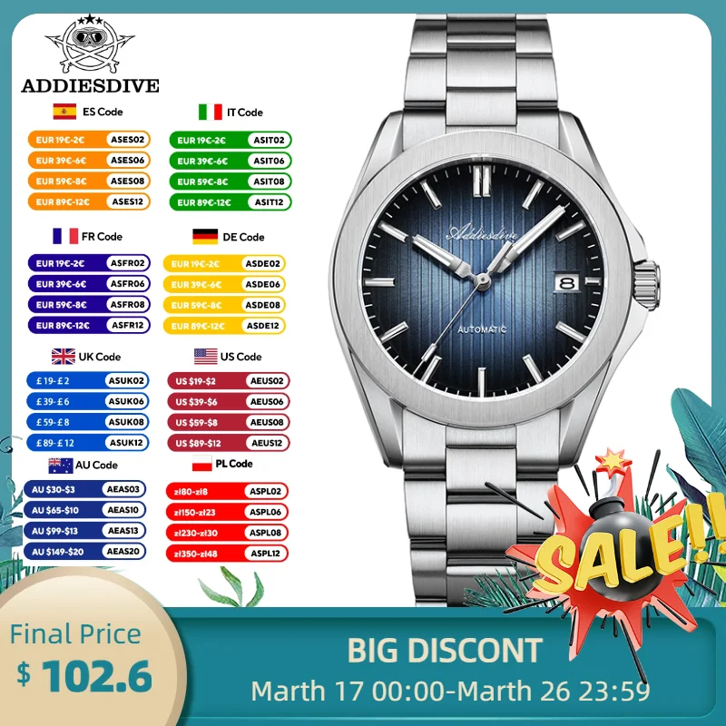 Addiesdive relógios para homem novo japão nh35 automático safira gradiente à prova dwaterproof água 200m mergulho bgw9 relógio mecânico luminoso ad2080