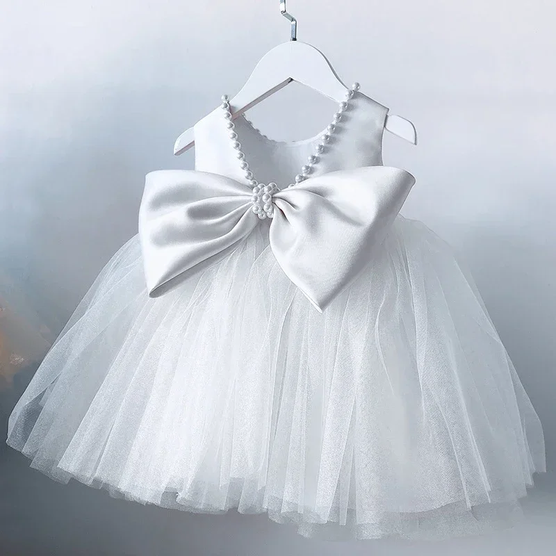 Summer Dress Baby Girls 1st Birthday Baptism Party Kids Backless Bow Cute Baby White Dress Beading Wedding Prom Toddler Vestidos