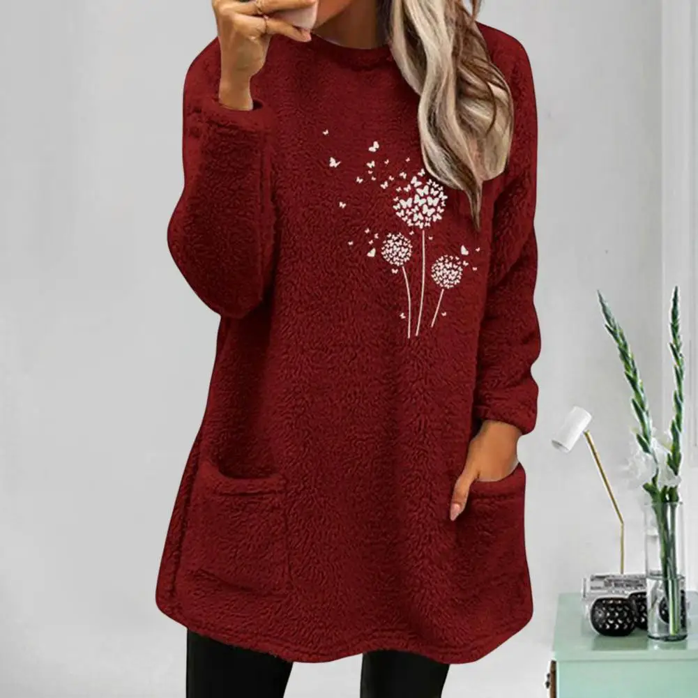 2022 Fall Winter Fashion Fleece Top Women Casual Long Sleeve Loose Homewear Tee Elegant O Neck Warm Solid Color Pullover Blouse