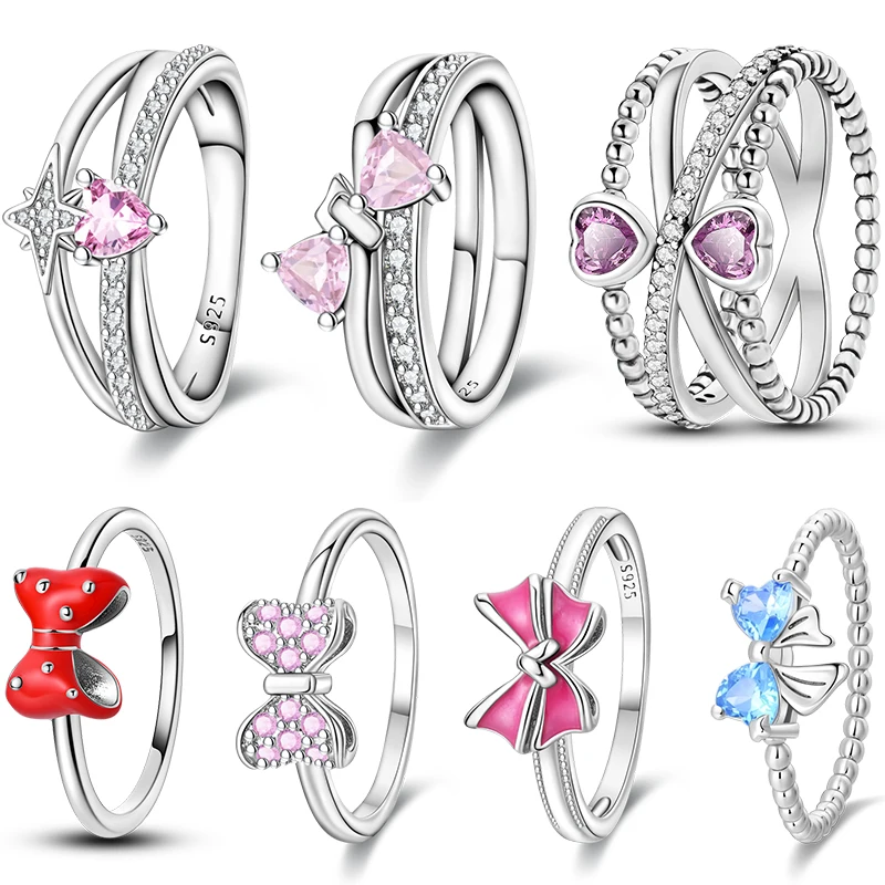 Sweety Women's 925 Sterling Silver Size 6-9 Pink Bowknot Sparkling Series Trendy Ring Fit For Engagement Party Fine jewelry Gift