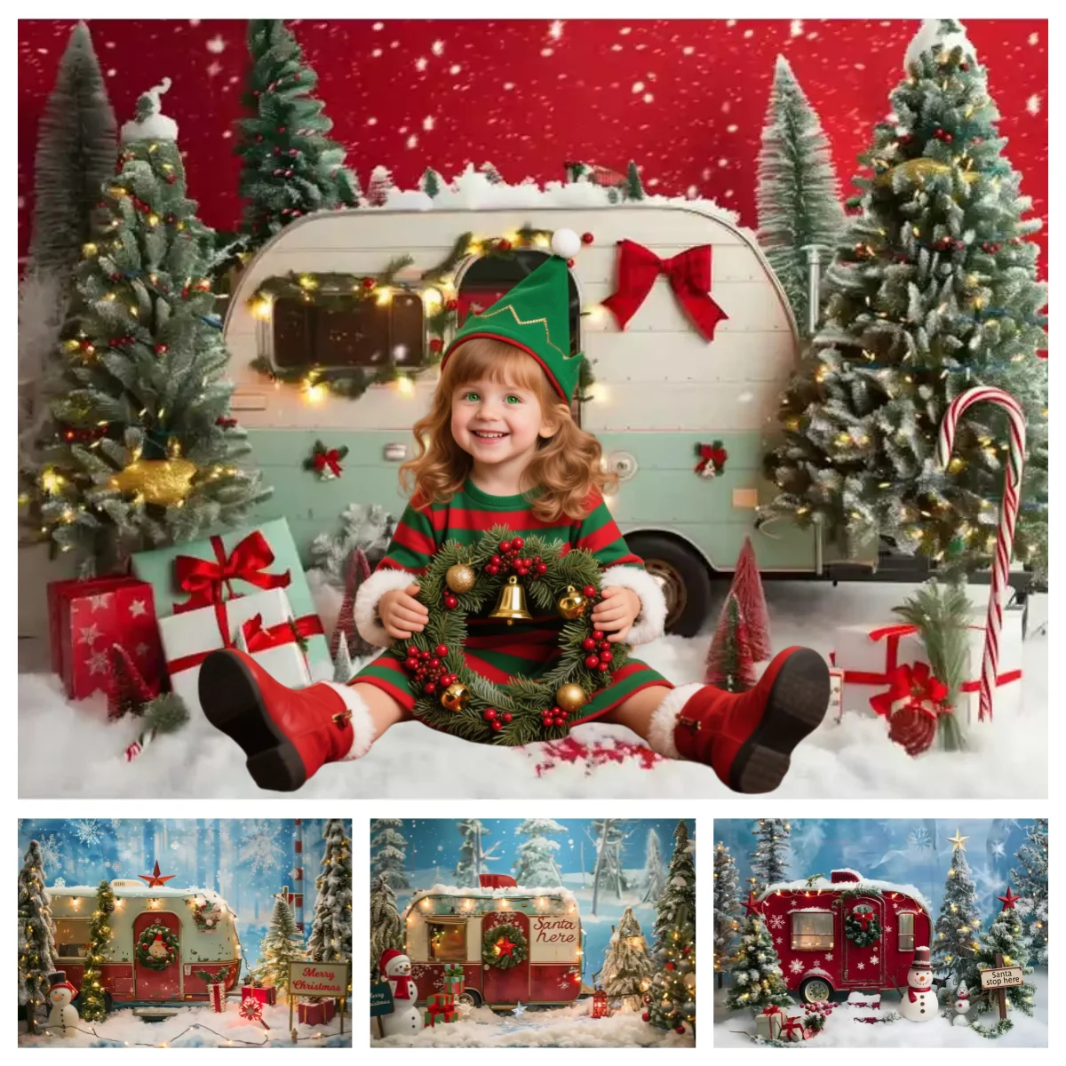 Santa Claus Retro Truck Christmas Photography Background Xmas Tree Forest Snow Backdrop Candy Cane Gift Decor Family Party Photo