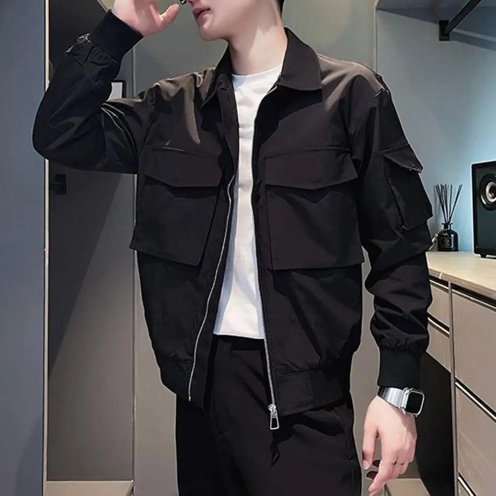 Men Coat Men's Solid Color Zipper Closure Jacket with Multiple Pockets Lapel Buttons Hop Streetwear Coat for Smooth Style Zipper