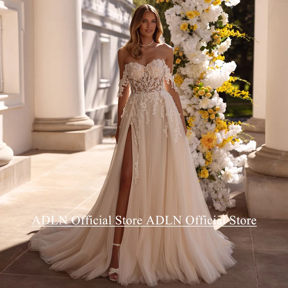 Sexy Boho Wedding Dress Customized Off Shoulder Sweetheart Sequined Applique Glitter Tulle Slit Bridal Gown vestidos de novia