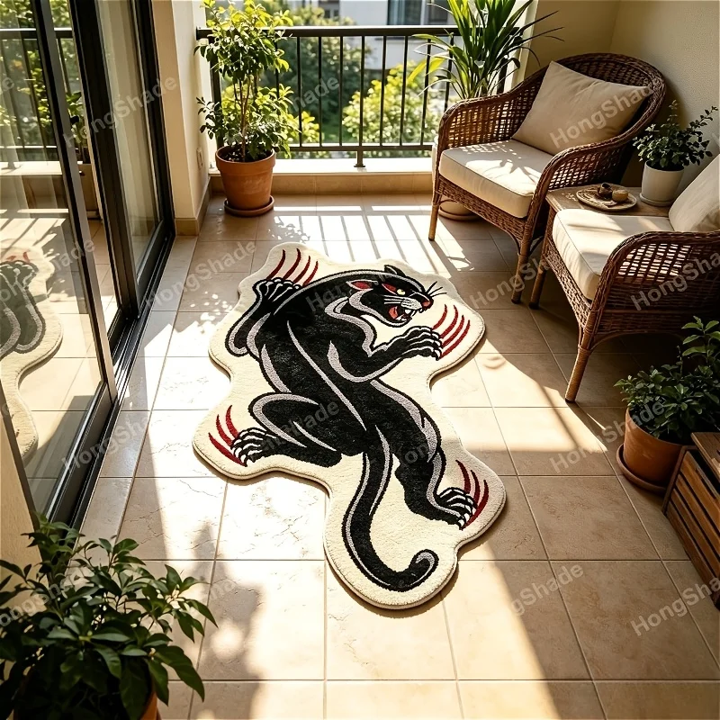 VIKAMA Black Panther Shaped Area Rug,Non‑Slip Floor Mat,Retro Claw Mark Irregular Animal Carpet Balcony Living Room Home Decor