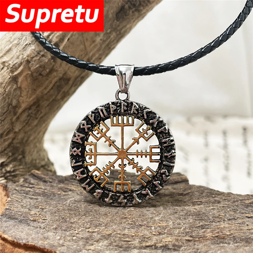 Stainless Steel Vikings Hollow Out Compass Necklaces Men Norse Rune Trident Vegvisir Pendant Amulet Vintage Scandinavian Jewelry