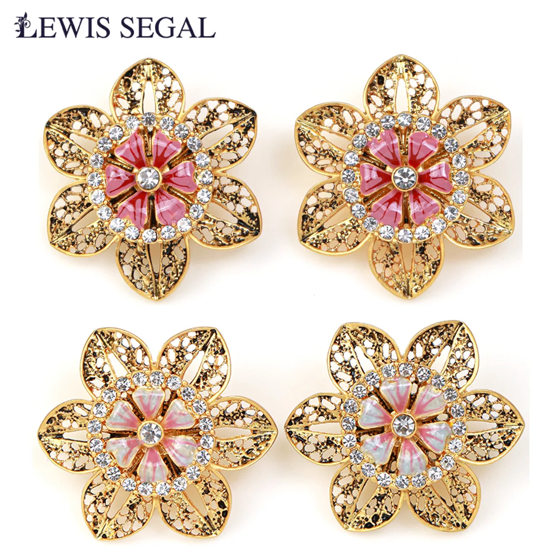 LEWIS SEGAL-Brincos de esmalte de flores vintage de luxo para mulheres, estilo medieval, joias finas, rosa, cinza, banhado a ouro 18K