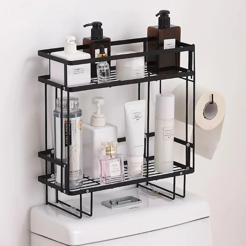 

Detachable and assembled double-deck toilet rack; wall-hung storage rack above toilet seat; punching-free storage rack