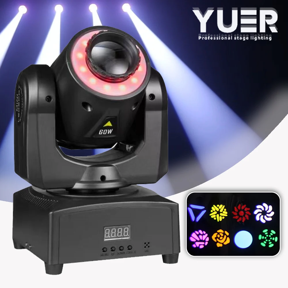 60W LED Gobo moving head light with ring 7 gobos+colors+white Auto Sound DMX512 Stage lighting for DJ Disco Club party dance YUE