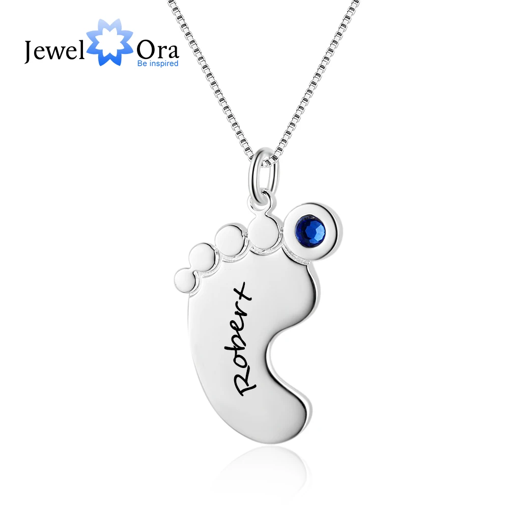 Personalized Baby Feet Pendant Necklace Custom Name & Birthstone Silver Color Necklace for Mother Mom (JewelOra NE102376)