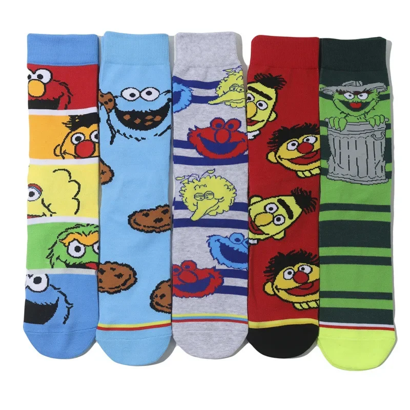 Wholesale Men's Cartoon Socks Cotton Medium Tube Tide Socks Sesame Street Cute Women Ins Socks-5PRS