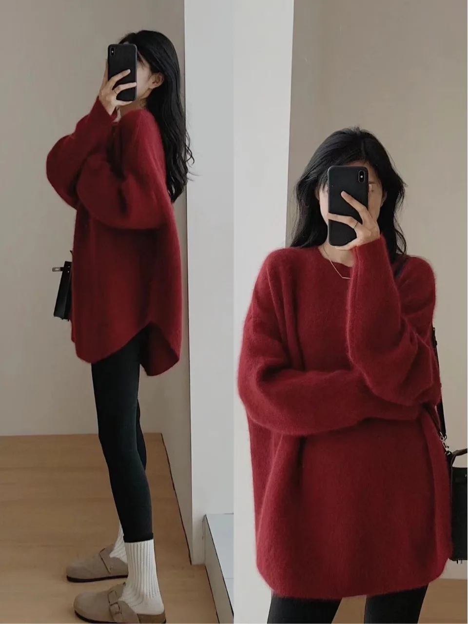 Red Knitted Sweater Women's Mid-Length Inner Wear Top Vintage Sle Loose Fit Soft Material Long Sve round Ne Pullover
