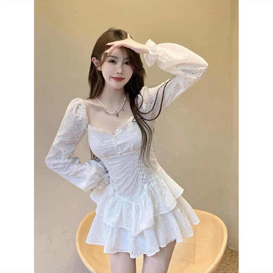 Korejepo Dress Women French White V Neck Cake Skirt 2024 Autumn New Waist Temperament Beautiful Romantic Small Vestido Fashion