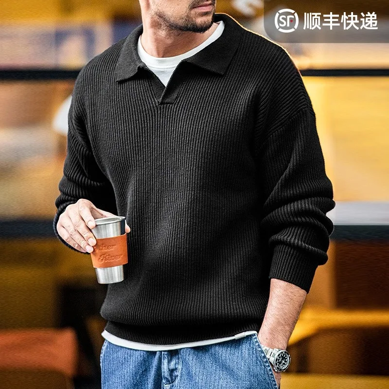 

Madden workwear American retro lapel sweater vertical woven striped polo shirt lazy pullover sweater men's autumn and winter