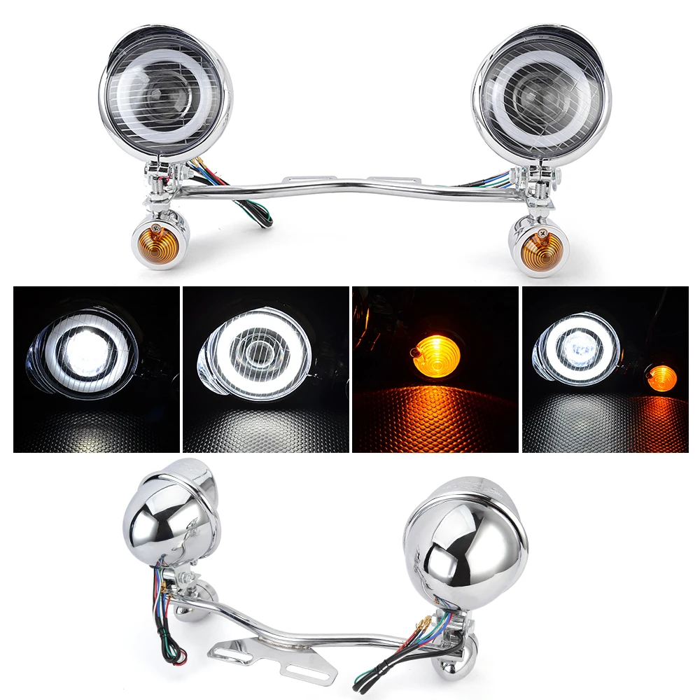 Headlight Spot Fog Light Driving Passing w/ Turn Signal Light Bar Mount For Harley Bobber Chopper Cruisers Touring Custom