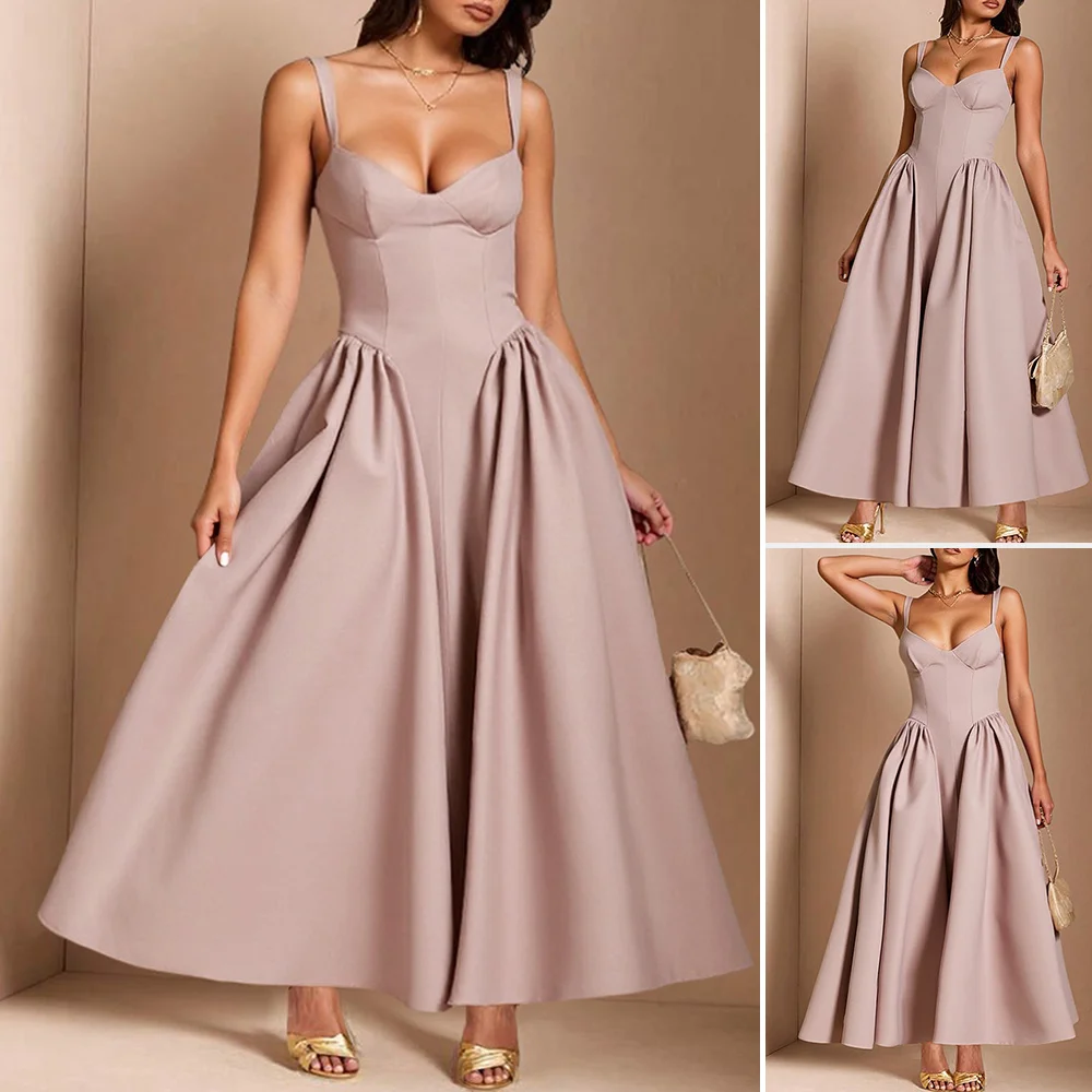 Damesjurken 2025, winter spaghettibandjes, V-hals, geplooid ontwerp, elegante feestdating, lange jurk