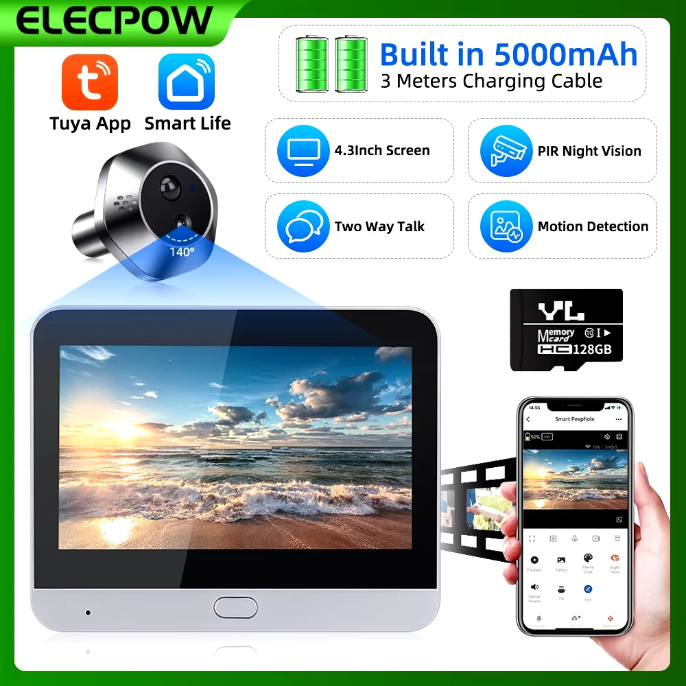 Elecpow 4,3 pulgadas Tuya timbre cámara Wifi 1080P mirilla puerta cámara PIR visión nocturna detección de movimiento visor de puerta видеогла Poiк