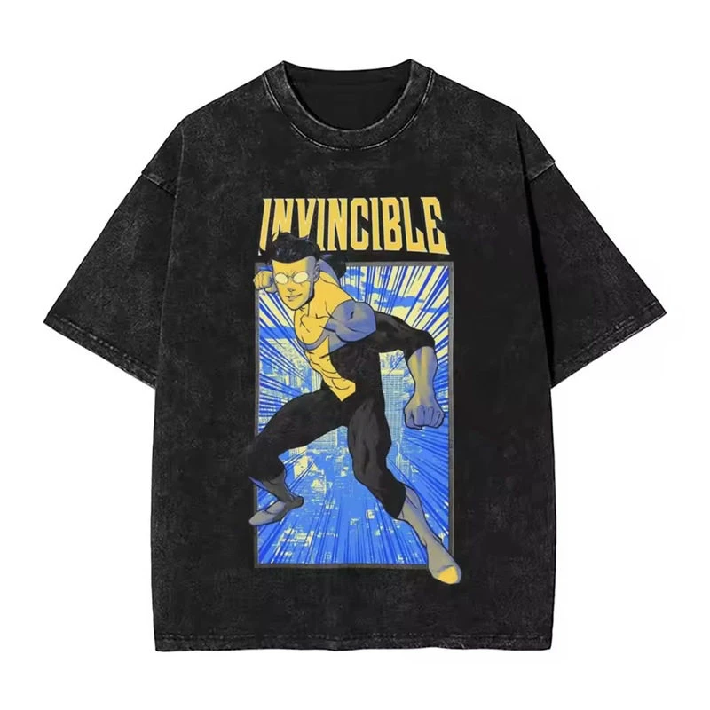 Fit Invincible Animation Mark Washed Vintage T-Shirt Loose Fit Men's and Women's Trendy Printed Couple Short Sleeve Shirt