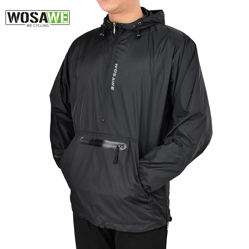 WOSAWE Hooded Cycling Jackets Caps Front Back Storage Pockets Black Rain Repellent Slim Fit MTB Bike Women Men\'s Windbreakers