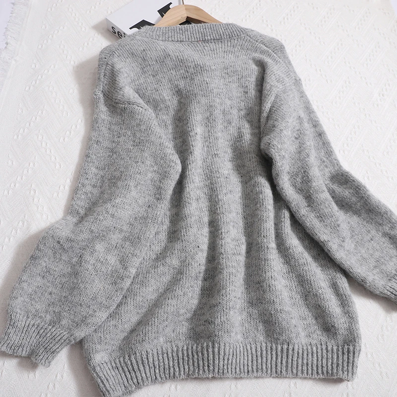 Gagaok Halter V Neck Sweaters Women Chic Bow Tie Knitted Pull Femme 2024 Autumn Gentle Solid Gray Sweater Simple Pullover Top