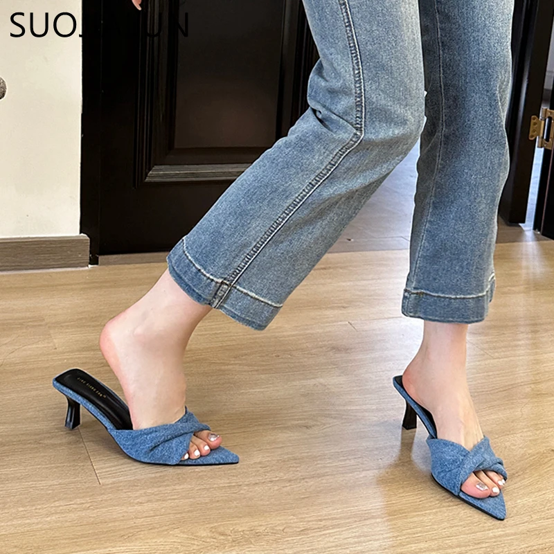 SUOJIALUN 2024 Summer New Women Slipper Fashion Pleated Pointed Toe Women Slides Thin High Heel Outdoor Dress Sandal Pumps Shoes