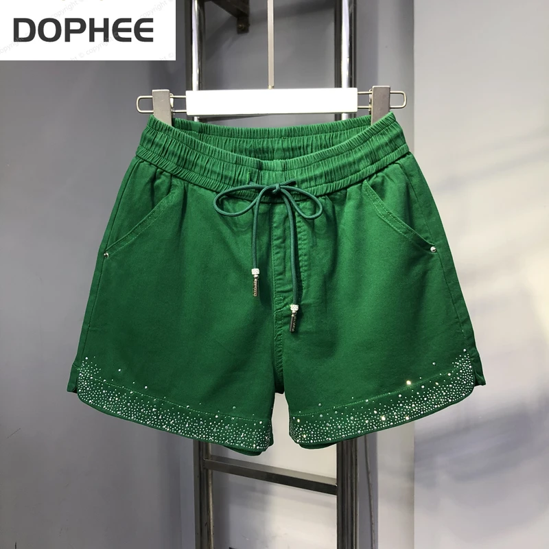 

Candy Color Elastic High Waist Wide Leg Pants Short Jeans 2022 New Summer Fashion Hot Drilling Short A-line Denim Shorts 4COLOR