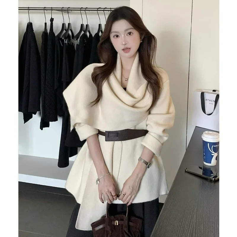 

Расслабляющий темперамент Royal Sister Temperament Ленивый стиль вязаный кардиган осенне-зимнее пальто свитер с воротником-шарфом