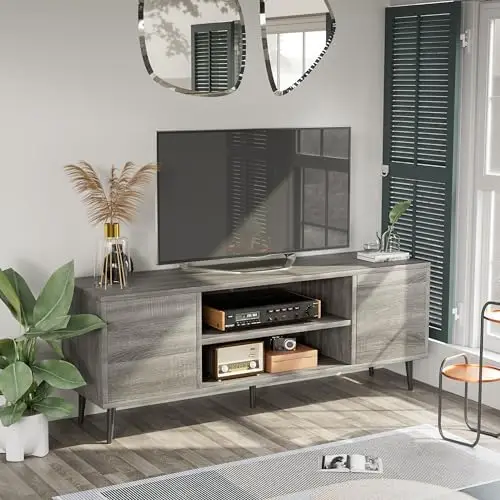TV Stand for 65 Inch TV, Mid Century Modern TV Stand, Entertainment Center with Storage Cabinet and Open Shelves, TV
