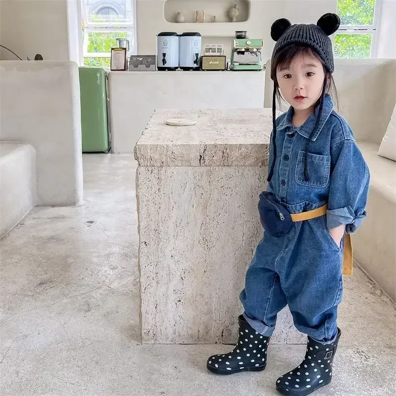 

1-7Y Spring Autumn Casual Romper Korean Kids Clothes Children's Lapel Jeans Jumpsuit Boys Girls Outwear Long-sleeved Trousers