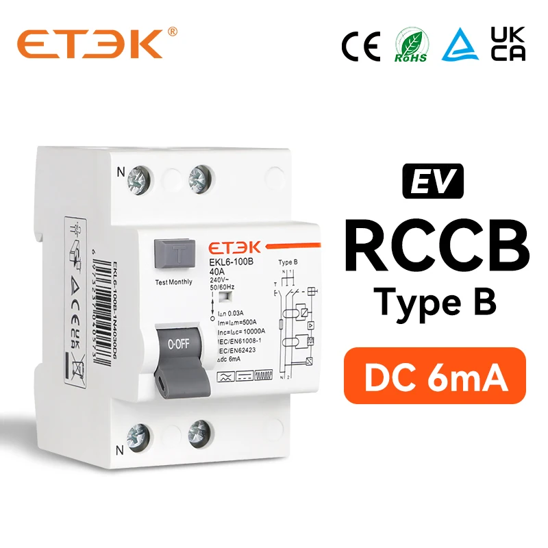 ETEK RCD DC Earth Leakage Circuit Breakers RCCB 10KA 1P+N 2P 4P 2Poles 4Poles  40A 63A 30mA Type B 6mA EV EVSE 220V EKL6-100B