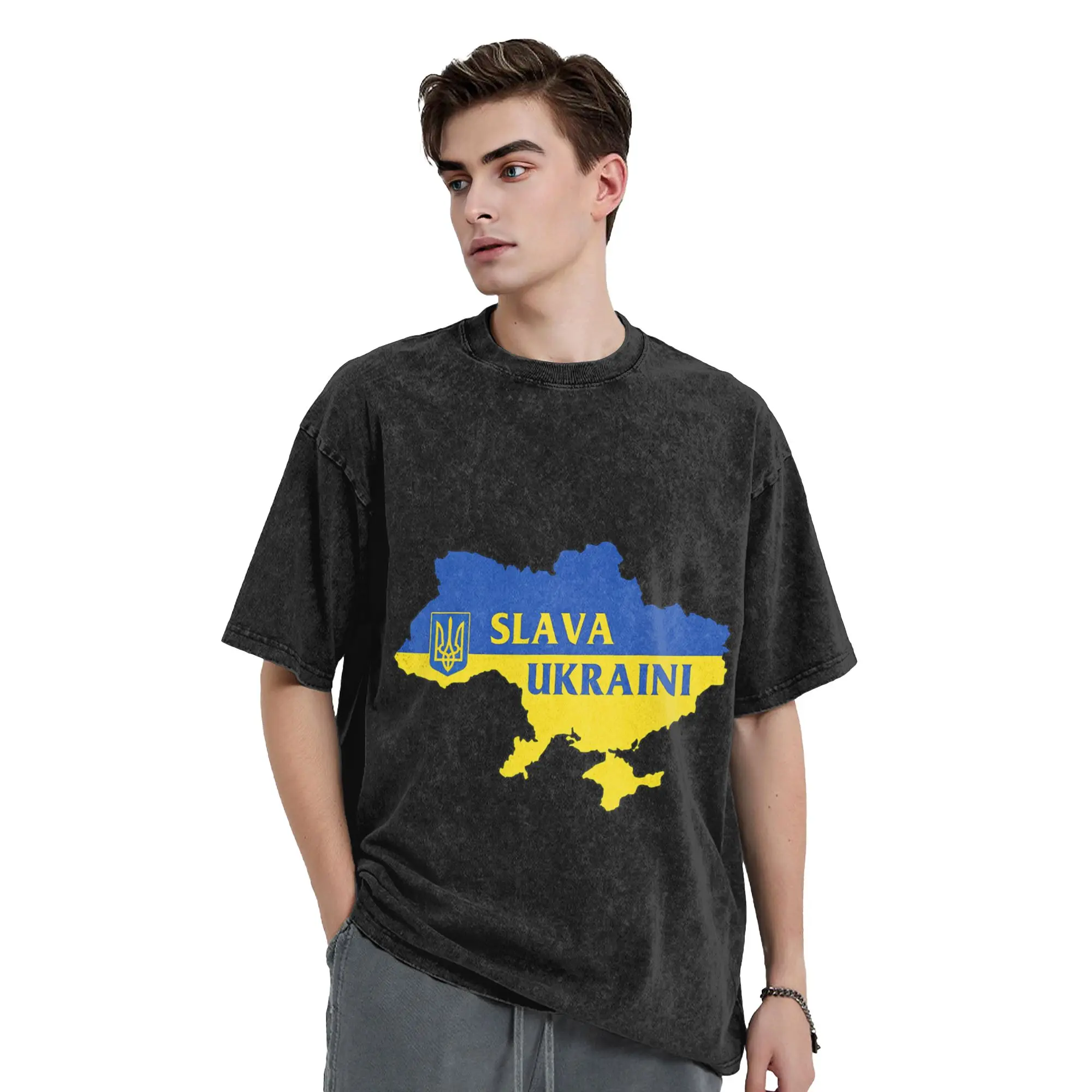 Camiseta Unissex com Estampa da Bandeira da Ucrânia, Camisetas Lavadas Estilo Hip Hop, Camiseta de Verão Estética em Algodão, Tamanho Plus 2XL