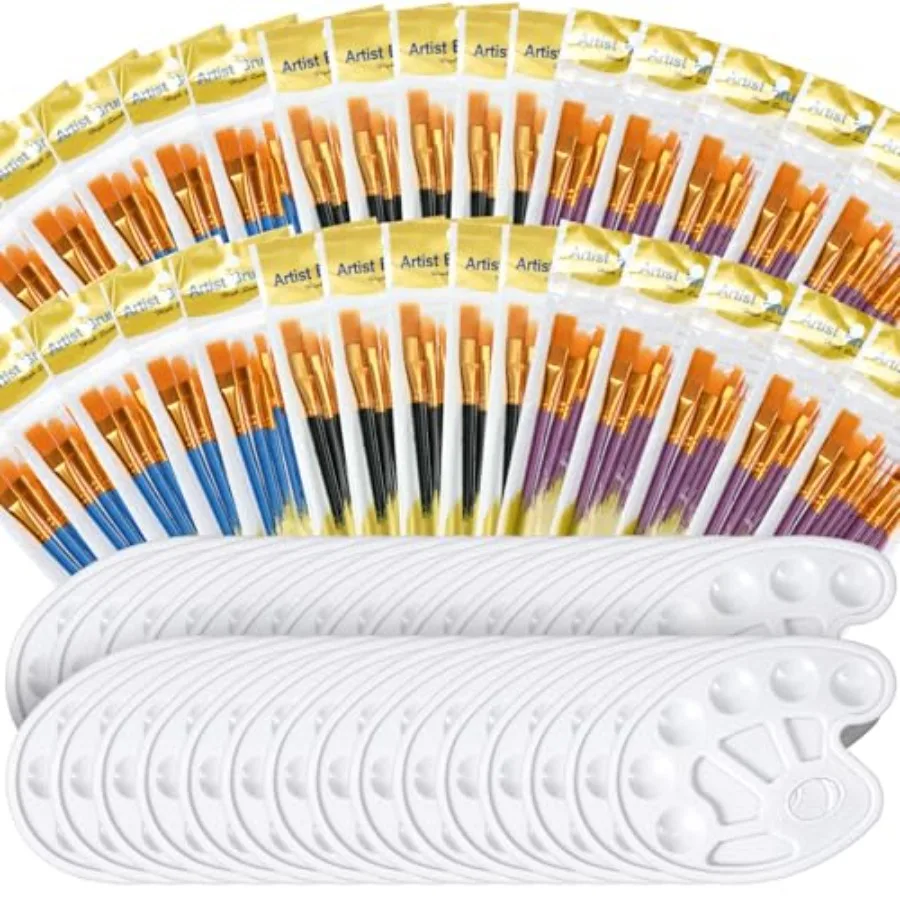 

330 Pcs Painting Brushes Palettes Set, Including 300 Paint Brushes and 30 Pcs Palettes Nylon Brush Head Suitable for Oil Waterc