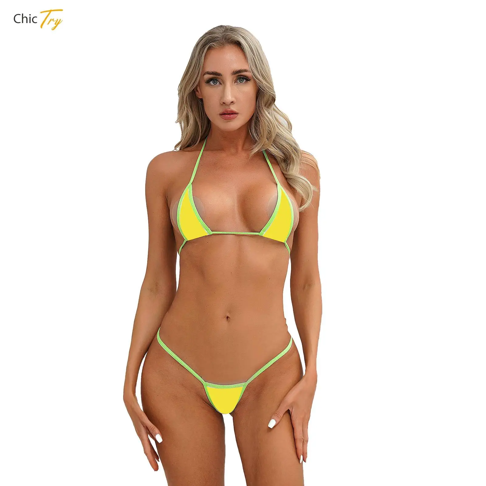 Women Sexy Micro Bikini Swimwear Sets 2Pcs Halter Self-Tie Bra and Low Rise Thong Swimsuit Beach Sunbathing Pool Bathing Suit