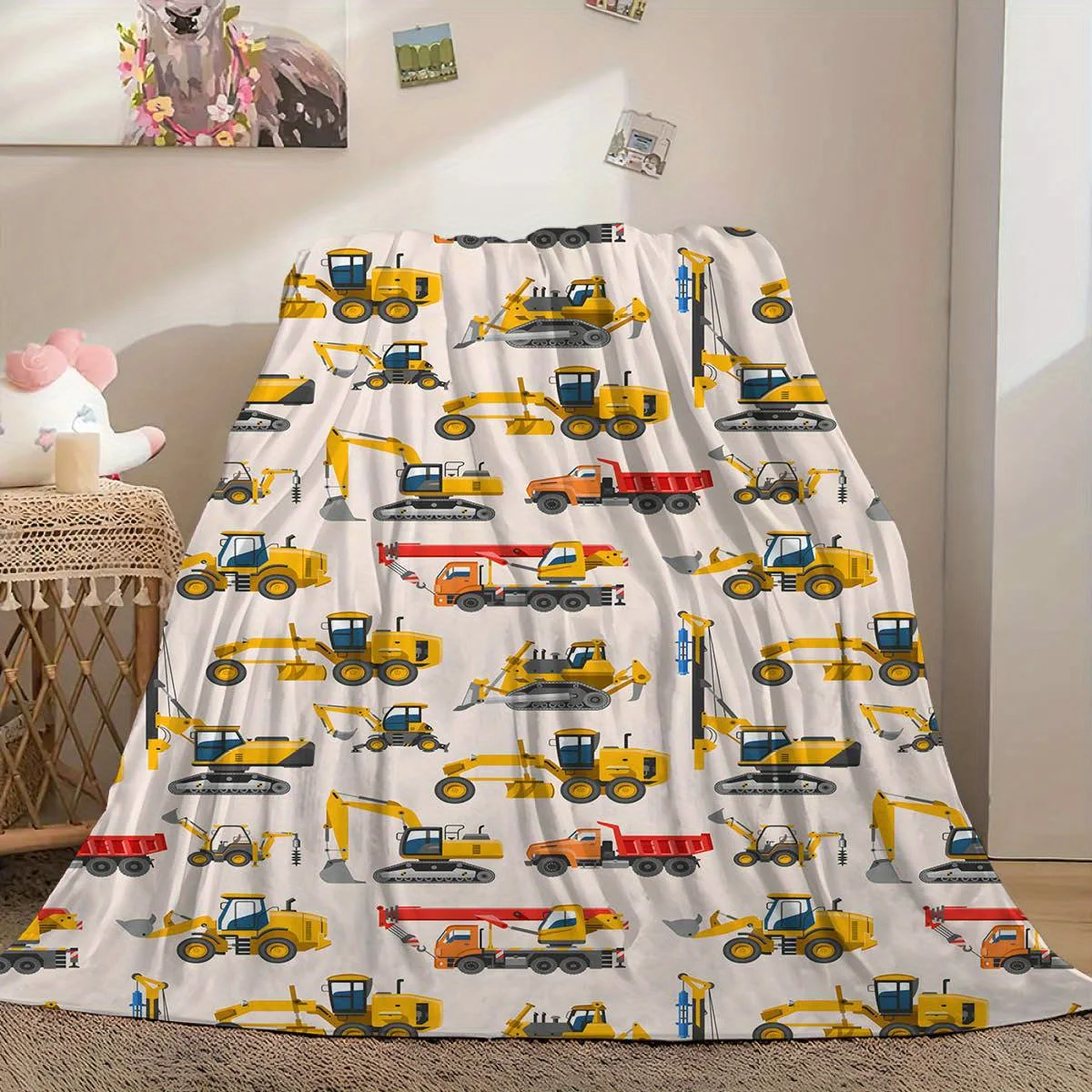 Print  Flannel  Trailer Excavator Engineering Car Soft Comfortable  Sofa Bed Office Home Decor Gift