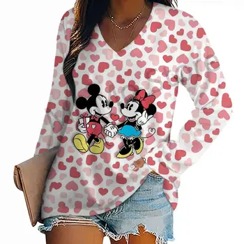 Damen Langarm T-Shirts Kawaii V-Ausschnitt S-3XL Mickey Lovely Disney Hochwertiger 3D-Druck Neue jugendliche Damenkleidung Minnie