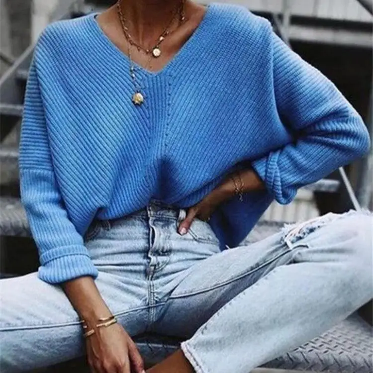 

Women's Diagonal Stripe Perforated Sweater Long Sve Cotton Color Crew Ne Pullover Autumn Faion Ladies' Top