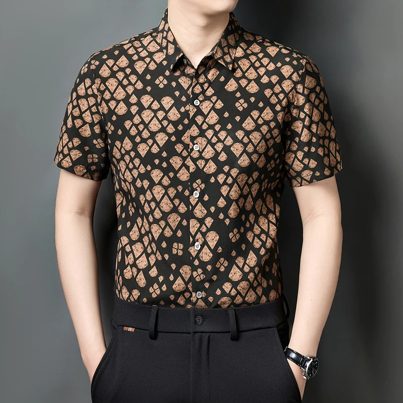

Повседневные мужские рубашки из 100% шелка с принтом, с коротким рукавом, приятные для кожи, летние, качественные, из гамбированных кантонских марлевых тканей, премиум-класса, Camisas De Hombre