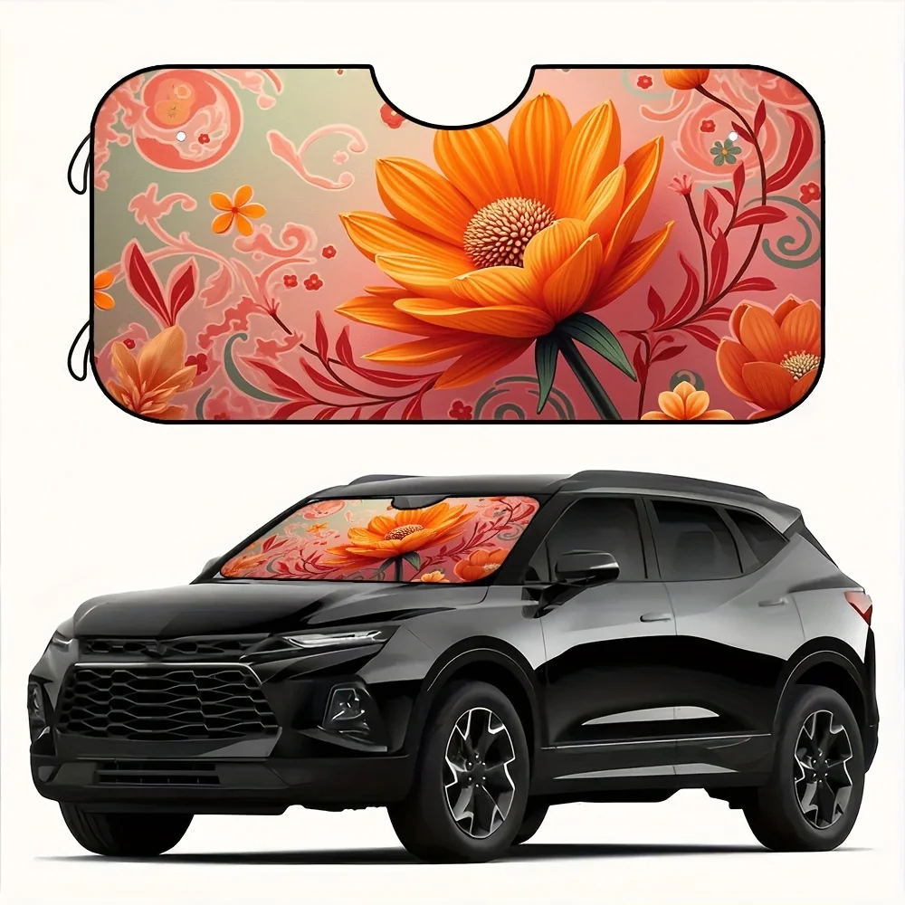 

1pc, Orange Wavy Line Flower Print Car Sunshade, Foldable UV Blocking Windshield Sunshade, Universal Fit For SUV, Truck, Car, Pr