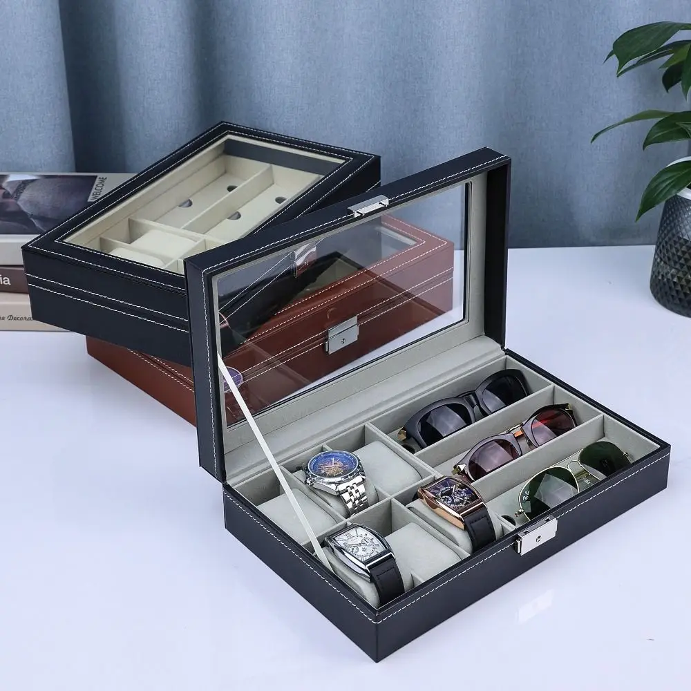 Foldable Watch PU Leather Glasses Case Eyewear Holder Grid Sunglasses Box Jewelry Organizer Jewelry Display Box Men