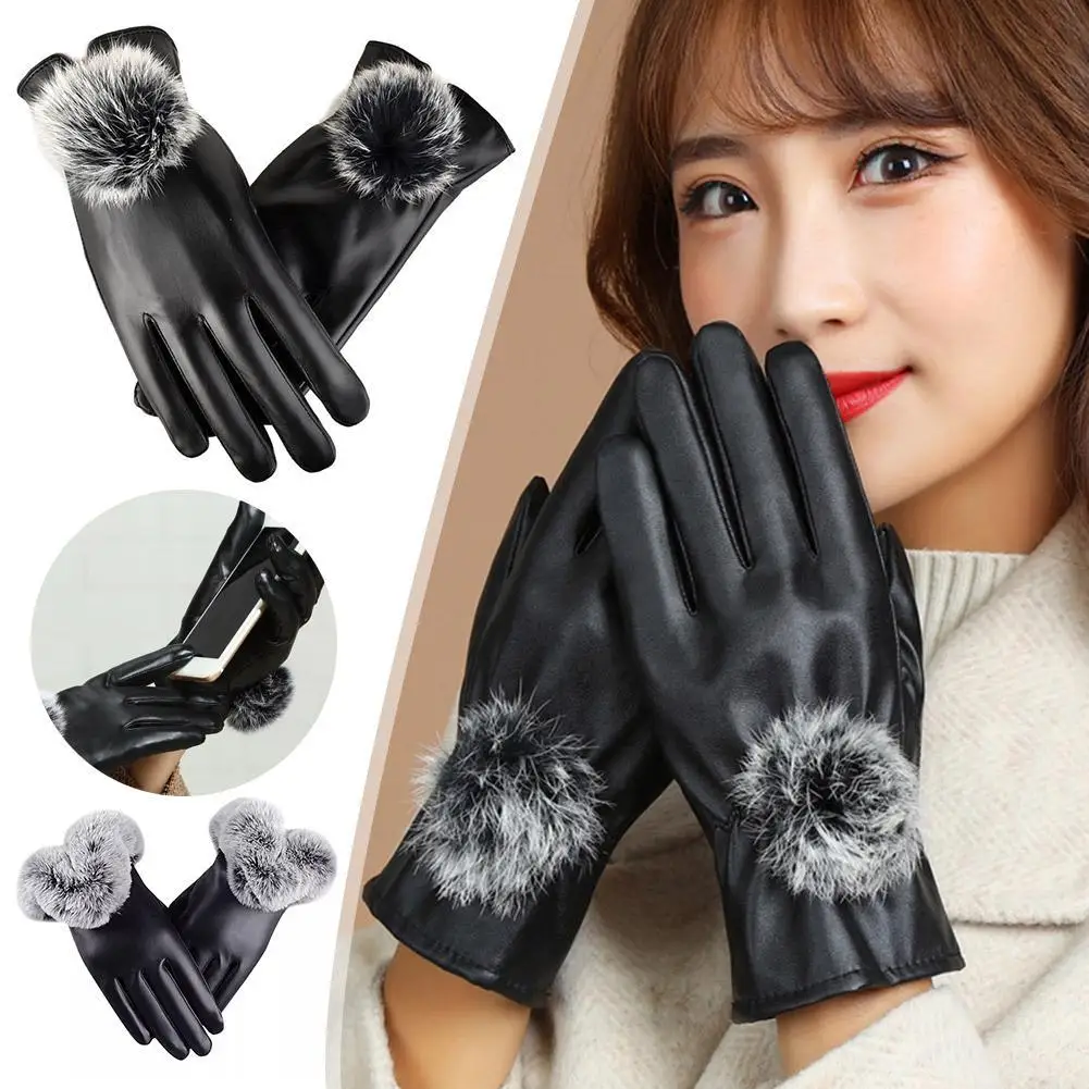 Fashion Winter Gloves Women Black Waterproof Faux PU Leather Cashmere Warm Gloves Driving Mittens Touch Screen Gloves