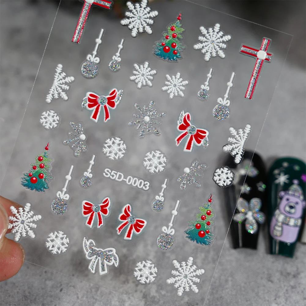 

5D Embossed Shiny Powder Christmas Nail Art Stickers Golden Silver Snowflake Bowknot Design Decals Self Adhesive Manicure Slider