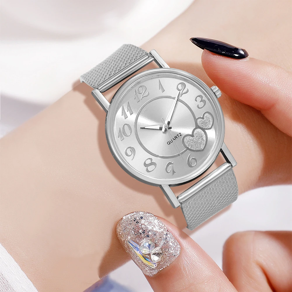 Ladies Silver Quartz Watch 6PCS/Set Heart Element Dial Wristwatch PU Leather Strap Watch Heart Shaped Jewelry Set Gift For Her