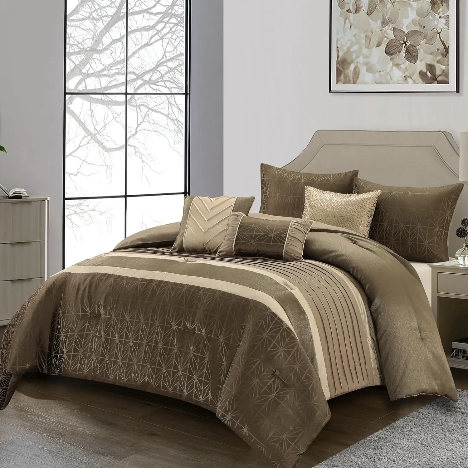 

Beige/Taupe Geometric Comforter Sets for Queen Bed, 6 Piece, Jacquard Bedding & Collections,