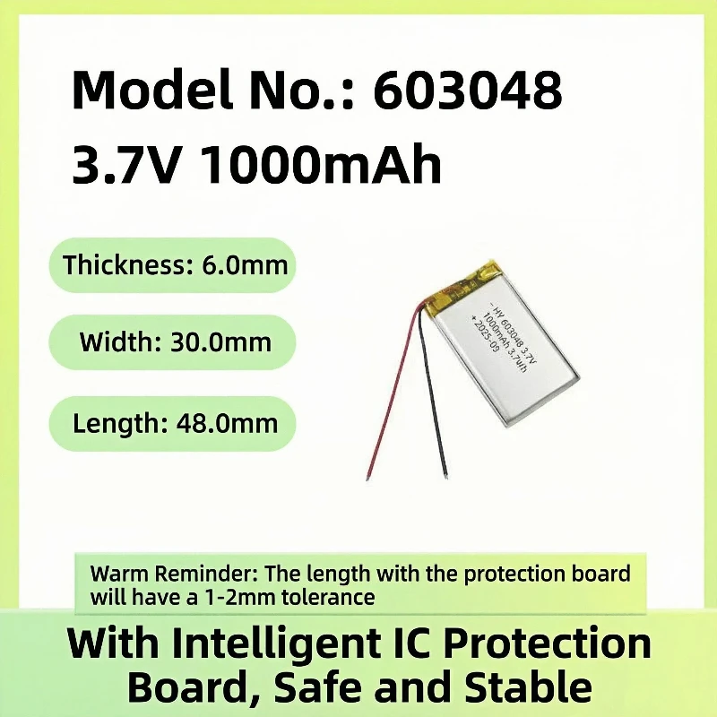 

3.7V 1000mAh Lipo Rechargeable Battery 603048 + JST 2.0mm 2Pin Plug for MP3 GPS DVD Bluetooth Recorder Headset E-book Camera